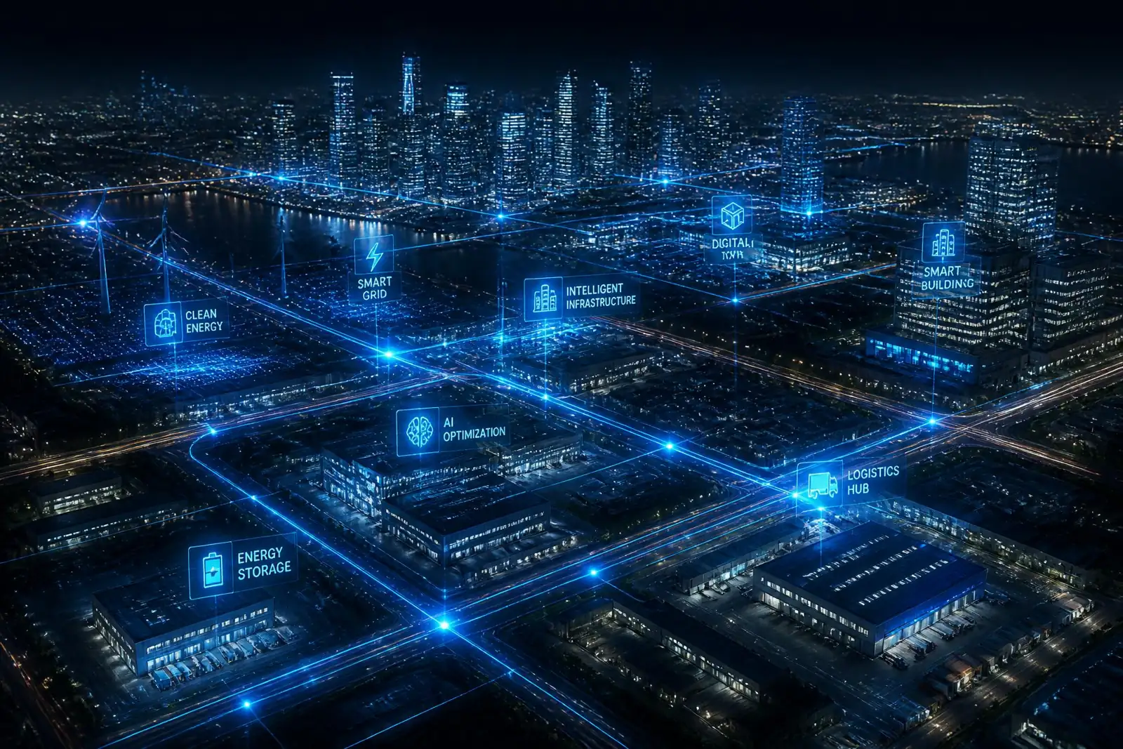 Ciudad inteligente con red eléctrica iluminada de noche
